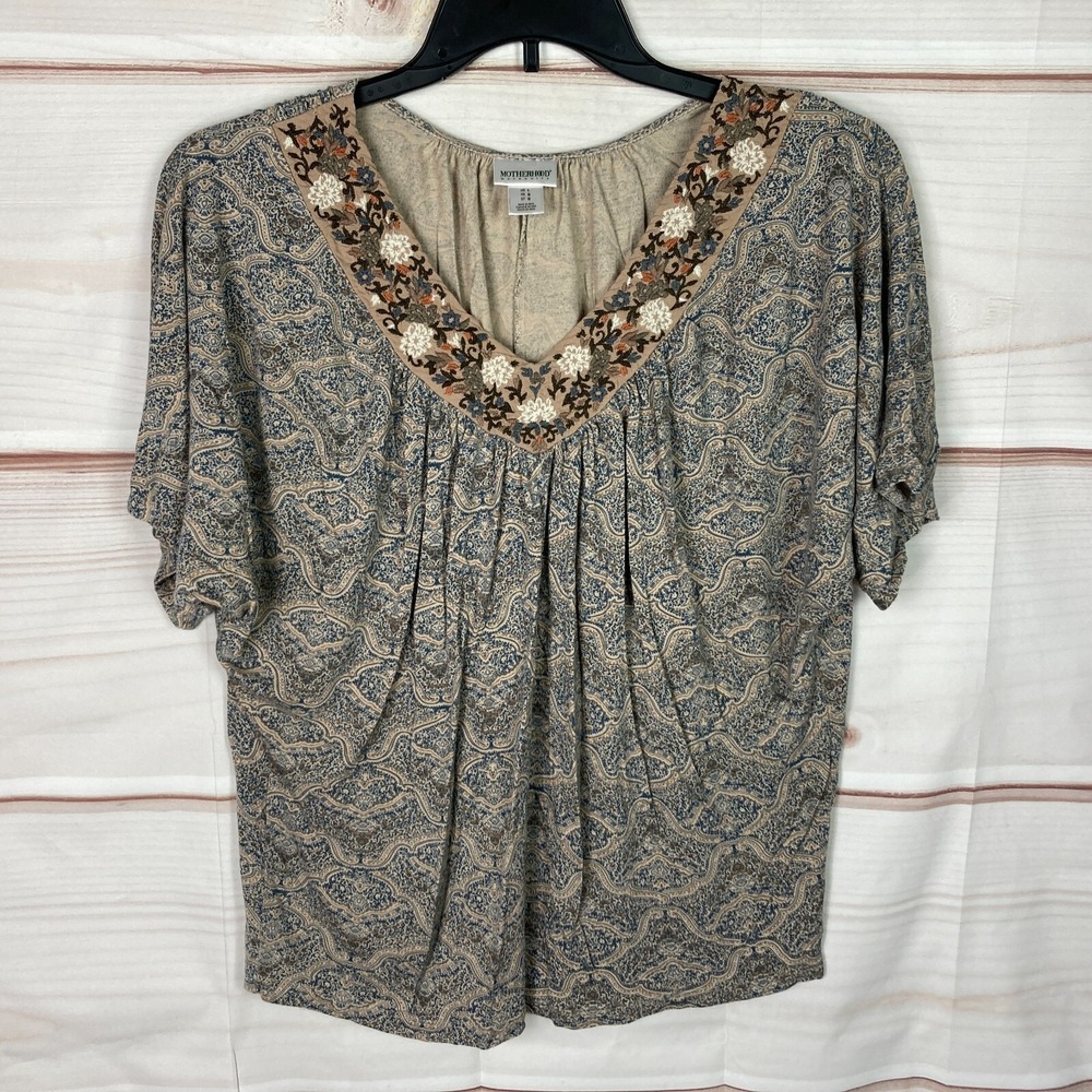 Motherhood Maternity Top Womens L Brown Paisley Knit Blouse V-Neck Embroidered‎